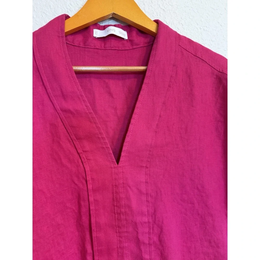 Mango MNG 100% Linen Dress MIDI Fuchsia Pink Sz Small Coastal Shift Casual